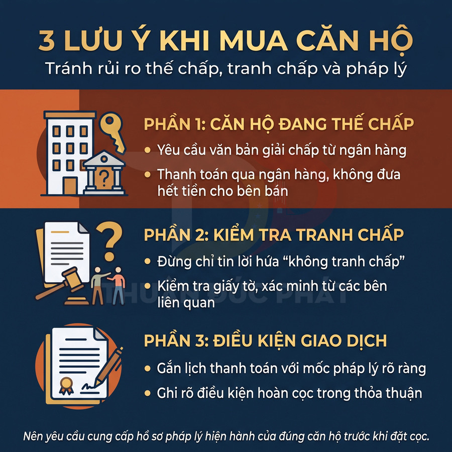 Ba lưu ý khi mua căn hộ: kiểm tra thế chấp, xác minh tranh chấp và ghi rõ điều kiện giao dịch trong hợp đồng.