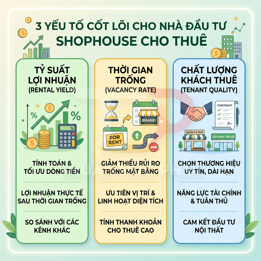 Infographic 3 yếu tố cốt lõi khi đầu tư shophouse cho thuê: tỷ suất lợi nhuận, thời gian trống, chất lượng khách thuê