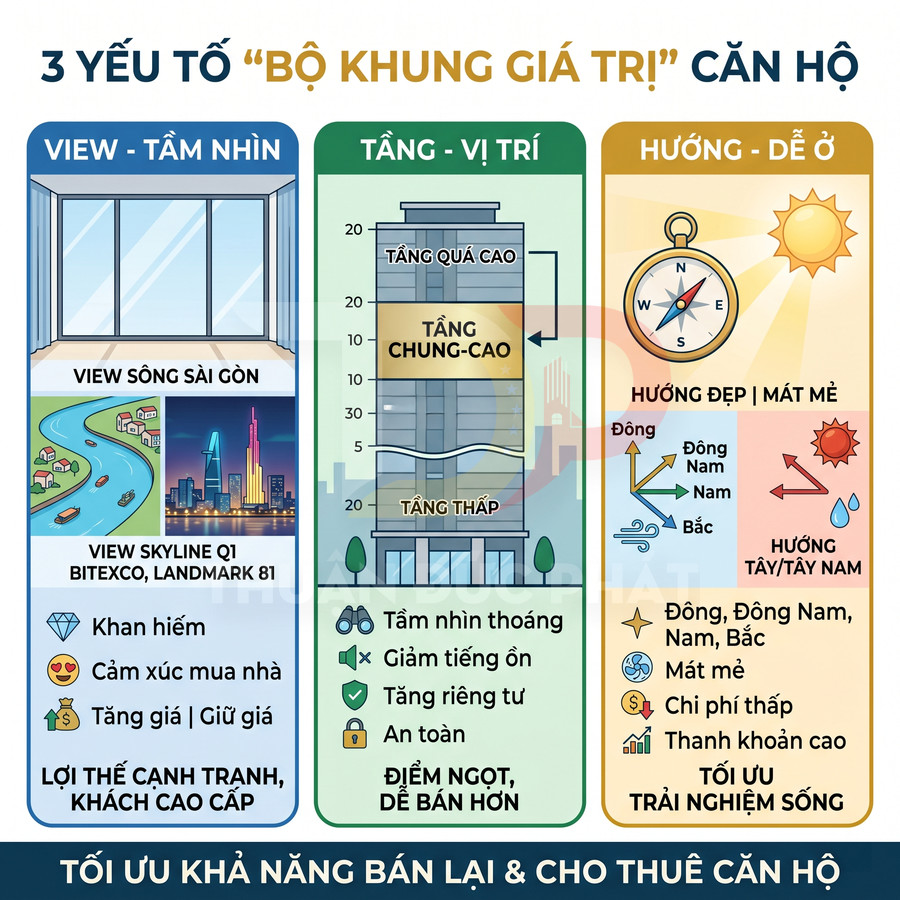 Infographic 3 yếu tố khung giá trị căn hộ gồm view tầm nhìn, tầng vị trí và hướng nhà tối ưu bán lại cho thuê