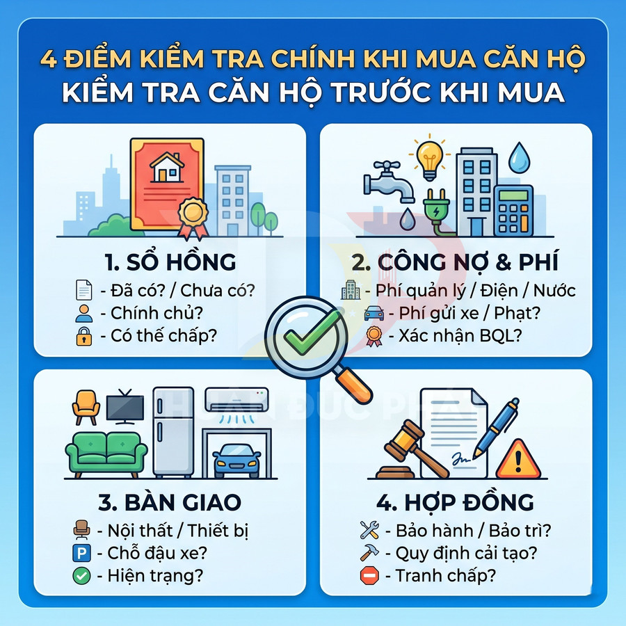 Infographic 4 điểm kiểm tra quan trọng khi mua căn hộ gồm sổ hồng, công nợ phí, bàn giao và hợp đồng