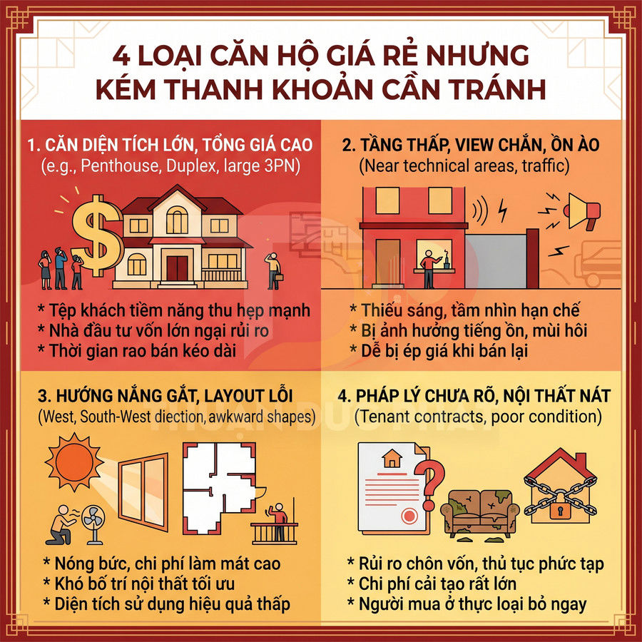 Infographic 4 loại căn hộ giá rẻ nhưng kém thanh khoản cần tránh với mô tả chi tiết từng loại rủi ro