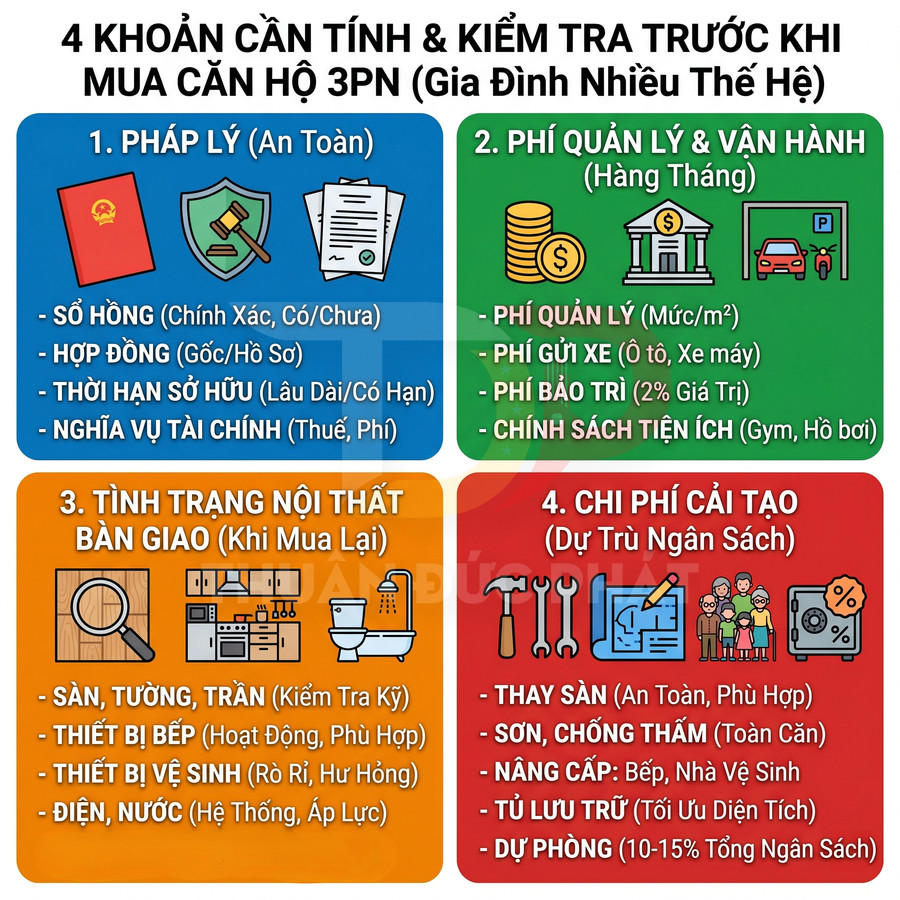 Infographic 4 khoản cần tính và kiểm tra trước khi mua căn hộ 3 phòng ngủ cho gia đình nhiều thế hệ
