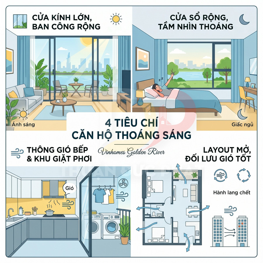 Infographic 4 tiêu chí căn hộ thoáng sáng Vinhomes Golden River với cửa kính lớn, thông gió bếp và layout mở