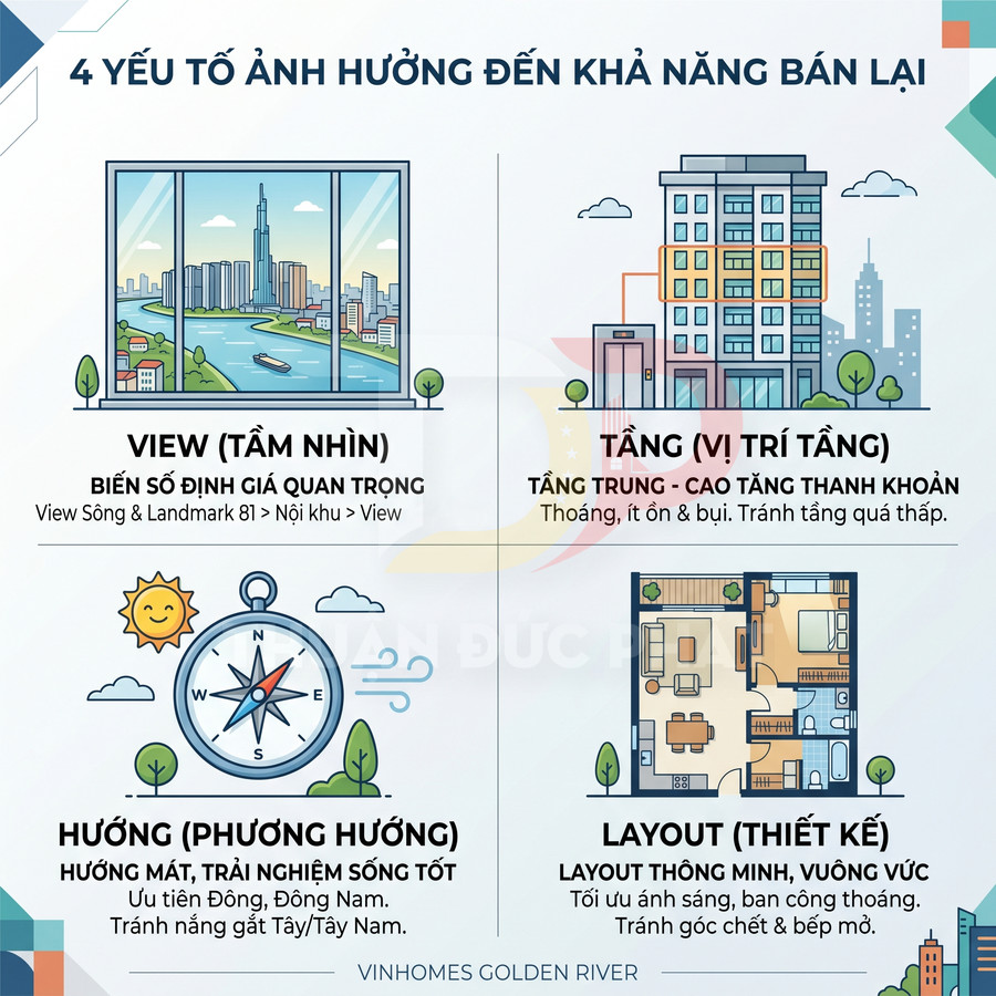 Infographic 4 yếu tố ảnh hưởng khả năng bán lại căn hộ Vinhomes Golden River: view, tầng, hướng, layout