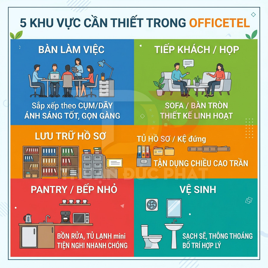 Infographic 5 khu vực cần thiết trong officetel gồm bàn làm việc, tiếp khách, lưu trữ hồ sơ, pantry và khu vệ sinh
