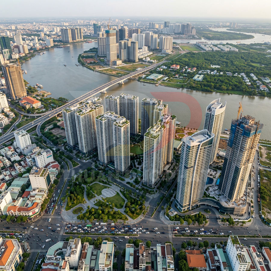 Toàn cảnh khu căn hộ cao cấp ven sông với nhiều tòa nhà chung cư cao tầng và công viên trung tâm