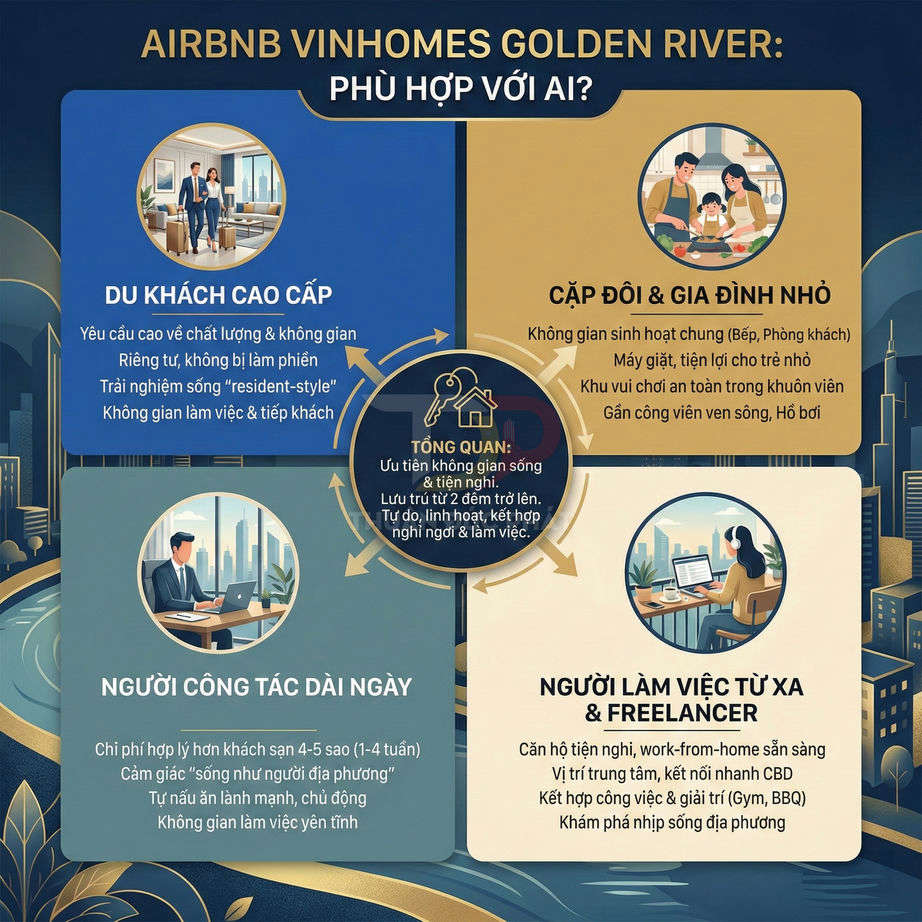 Infographic giới thiệu đối tượng khách hàng phù hợp thuê căn hộ Airbnb Vinhomes Golden River