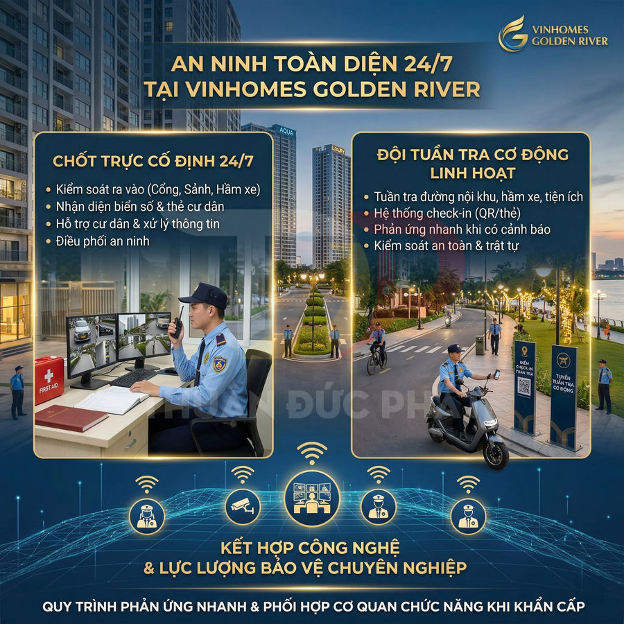 Hệ thống an ninh 24/7 với bảo vệ tuần tra và giám sát camera tại khu căn hộ Vinhomes Golden River