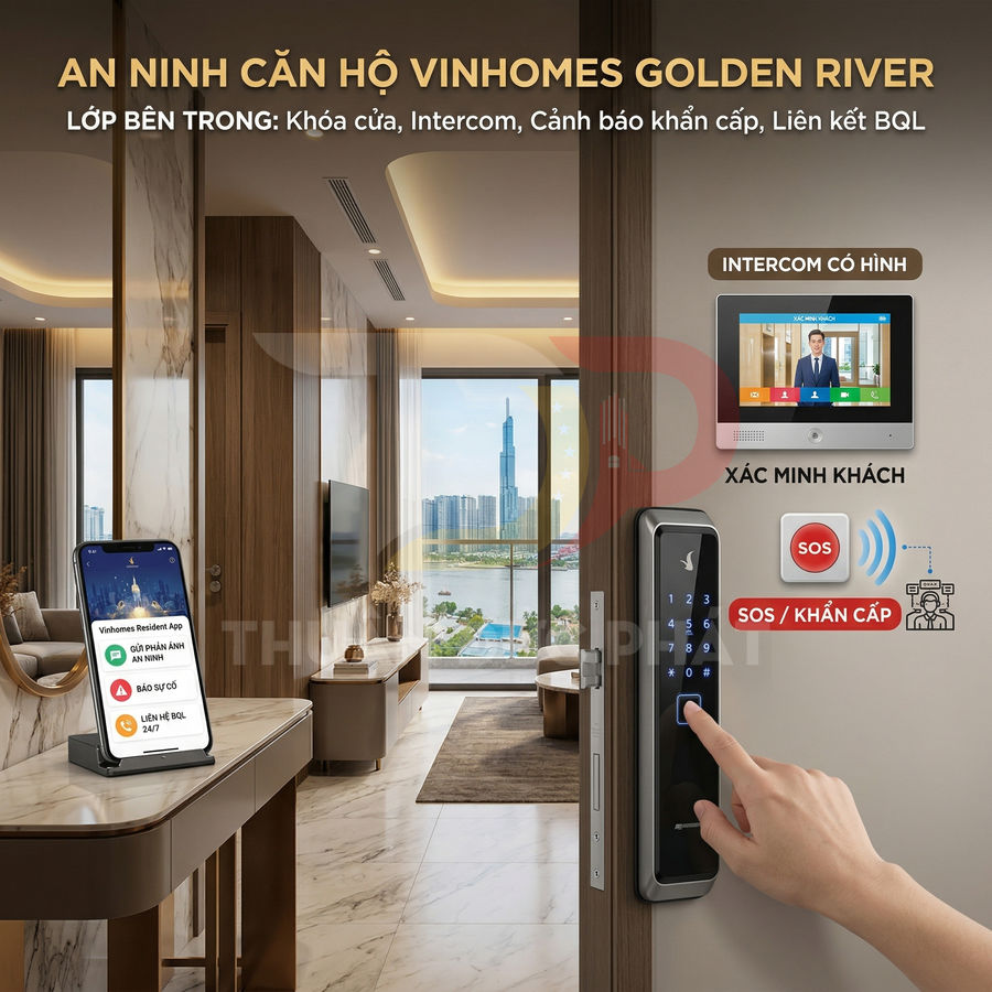 Hệ thống an ninh căn hộ Vinhomes Golden River với khóa cửa điện tử, intercom có hình và ứng dụng cảnh báo khẩn cấp