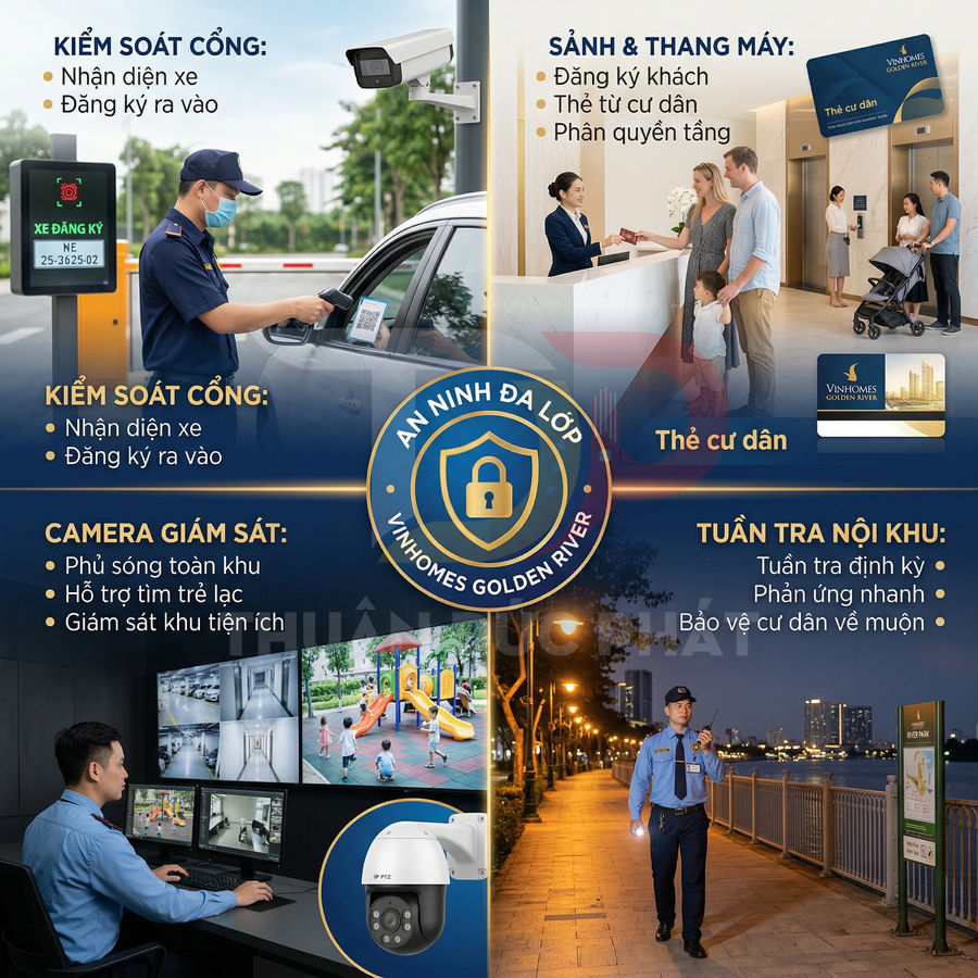 Hệ thống an ninh đa lớp Vinhomes Golden River với kiểm soát cổng, camera giám sát và tuần tra nội khu