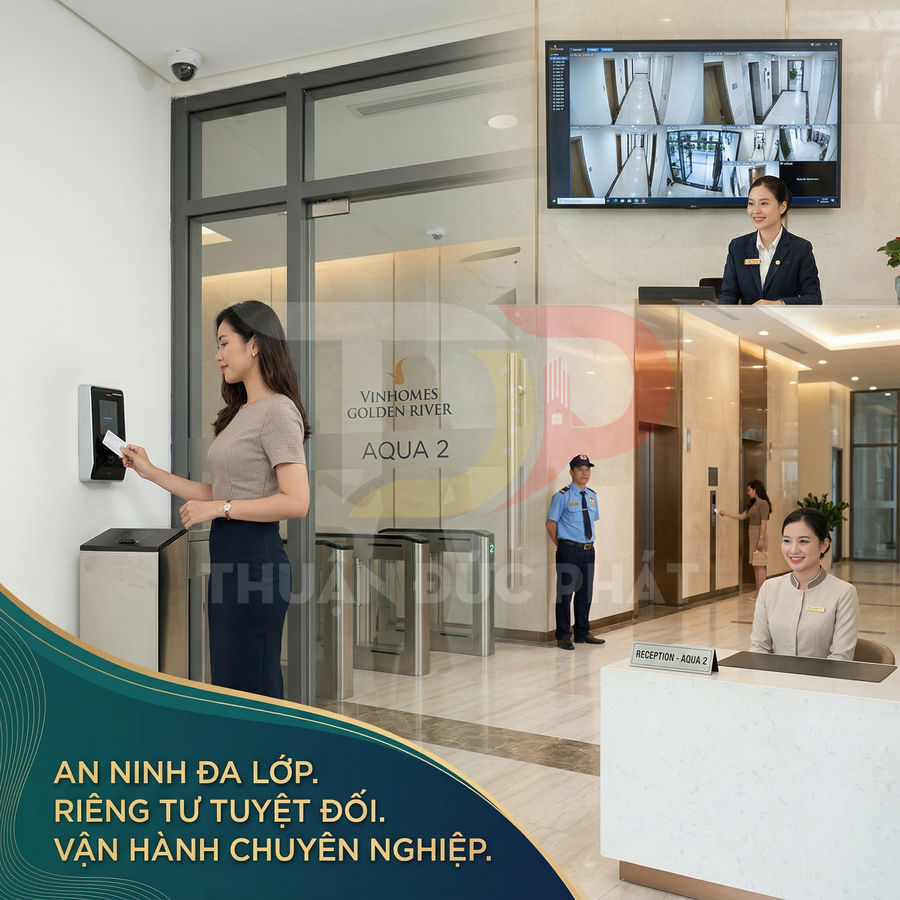 Hệ thống an ninh tòa nhà Vinhomes Golden River Aqua 2 với kiểm soát thẻ từ và lễ tân chuyên nghiệp