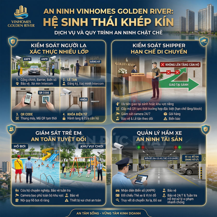 Infographic giới thiệu hệ thống an ninh khép kín và dịch vụ bảo vệ tại khu căn hộ Vinhomes Golden River