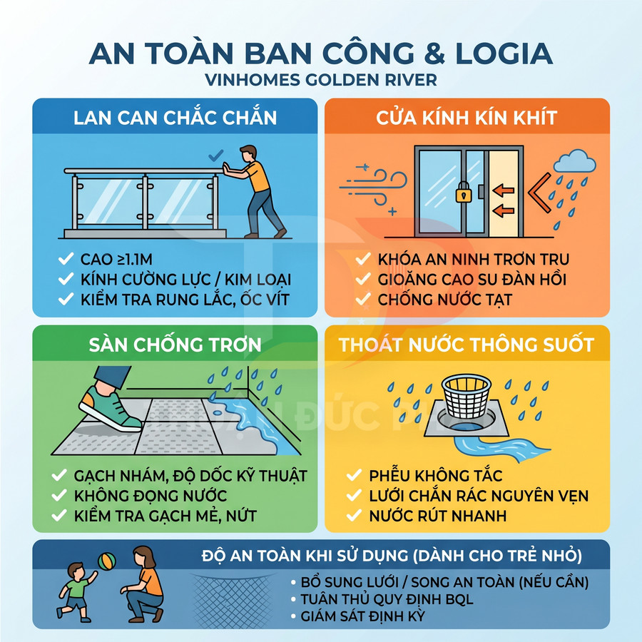 Infographic hướng dẫn an toàn ban công logia Vinhomes Golden River với lan can, cửa kính, sàn chống trơn và thoát nước