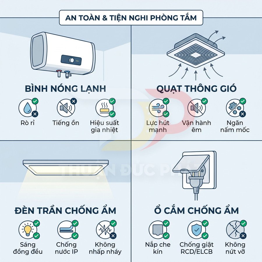 Minh họa bộ thiết bị phòng tắm an toàn gồm bình nóng lạnh, quạt thông gió, đèn trần chống ẩm và ổ cắm chống ẩm