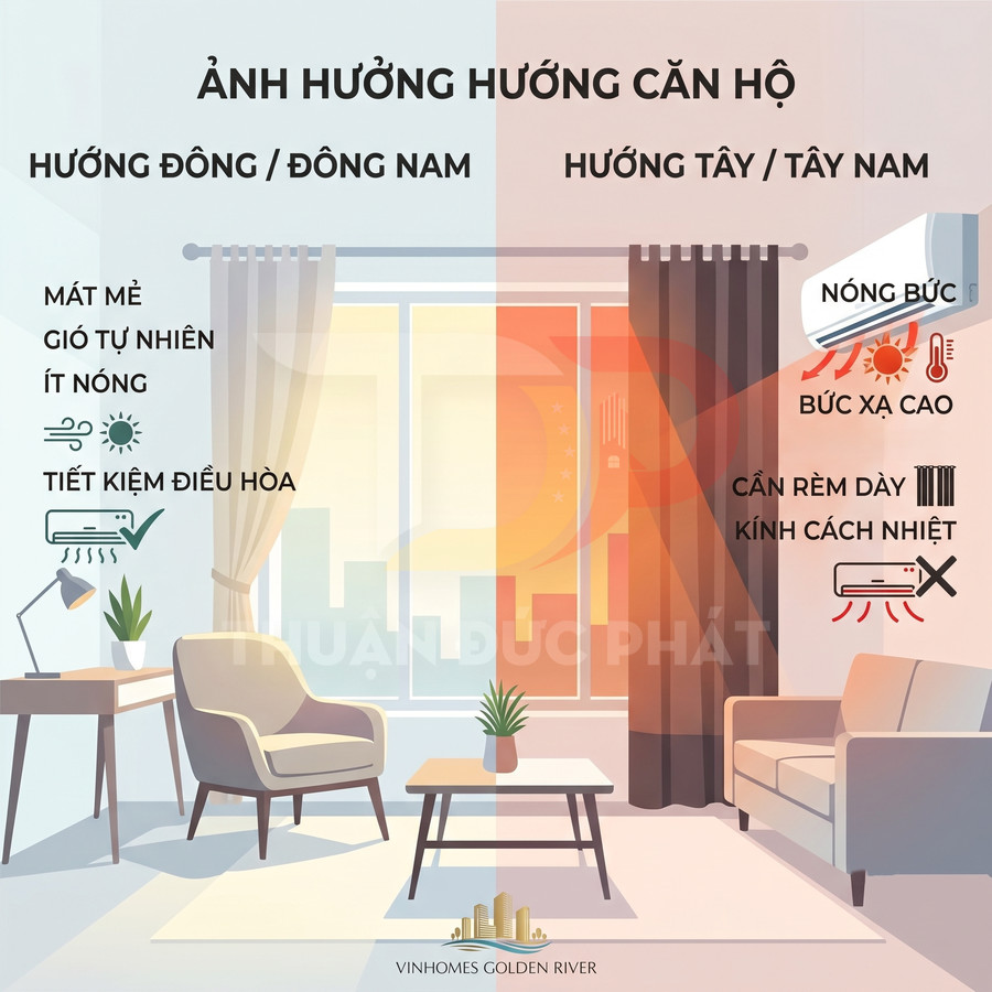 So sánh căn hộ hướng Đông mát mẻ tiết kiệm điều hòa và hướng Tây nóng bức cần rèm dày kính cách nhiệt