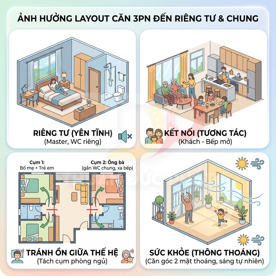Minh họa layout căn hộ 3 phòng ngủ tối ưu riêng tư, kết nối gia đình, giảm ồn và thông thoáng cho sức khỏe