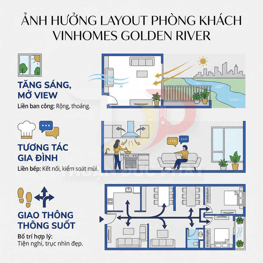 Mô tả layout phòng khách căn hộ Vinhomes Golden River với ban công rộng, bếp liên thông và giao thông thông suốt
