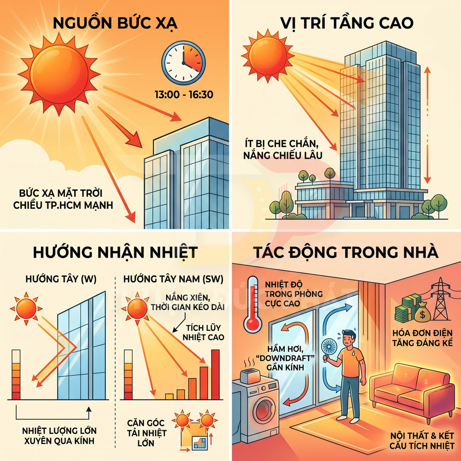 Infographic minh họa bức xạ mặt trời chiếu vào căn hộ cao tầng hướng tây gây nóng và tăng hóa đơn điện