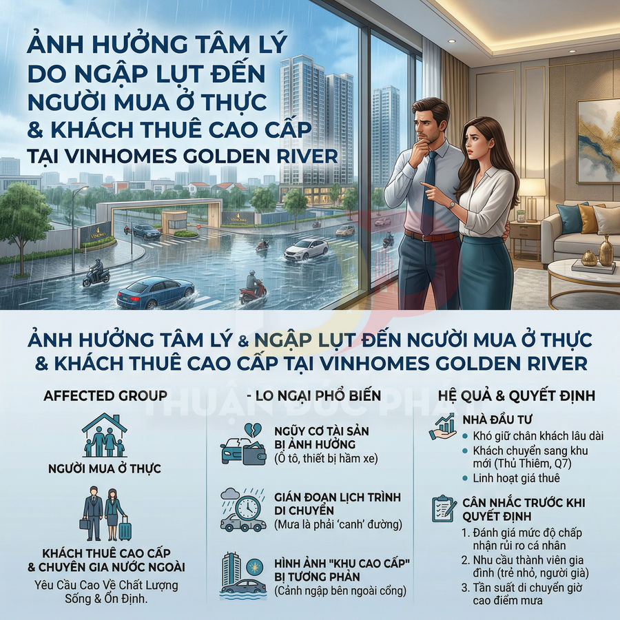 Infographic về ảnh hưởng ngập lụt đến người mua ở thực và khách thuê cao cấp tại Vinhomes Golden River