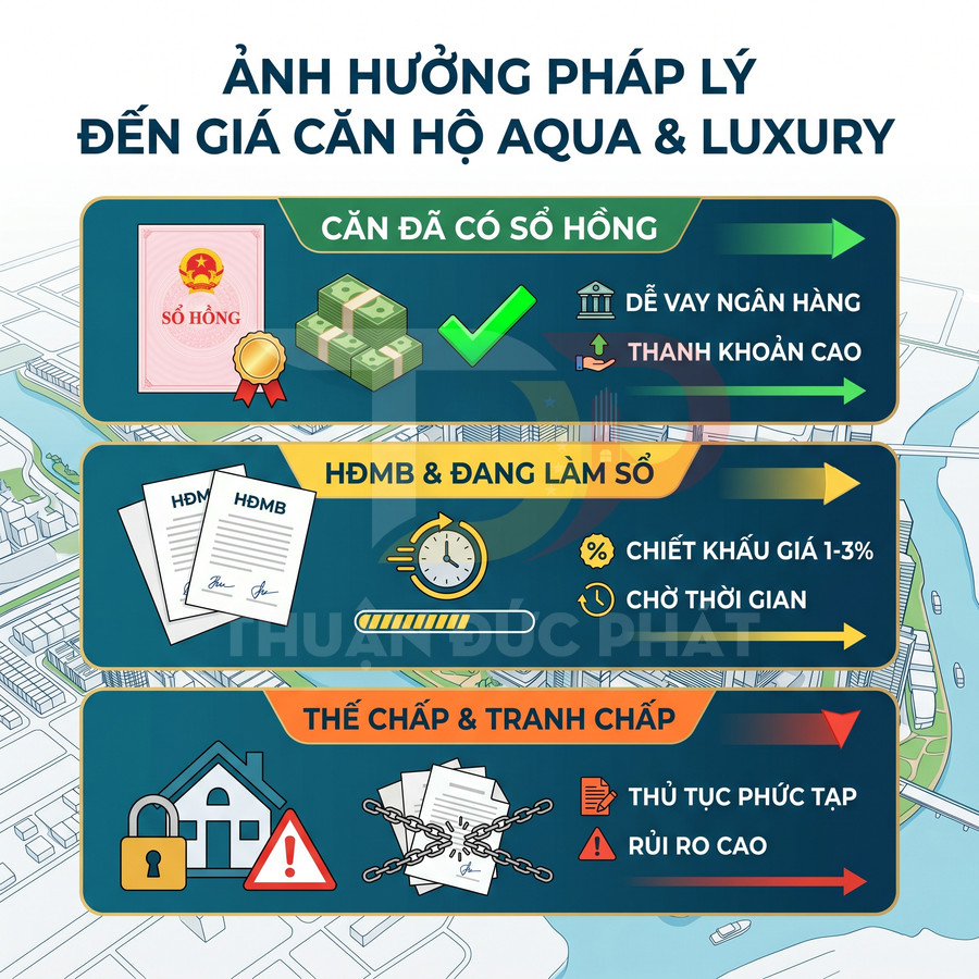 Infographic ảnh hưởng pháp lý đến giá căn hộ Aqua Luxury với các mức sổ hồng, HĐMB và thế chấp tranh chấp