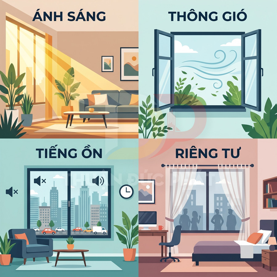 Minh họa các loại cửa sổ trong nhà tối ưu ánh sáng, thông gió, cách âm tiếng ồn và đảm bảo sự riêng tư