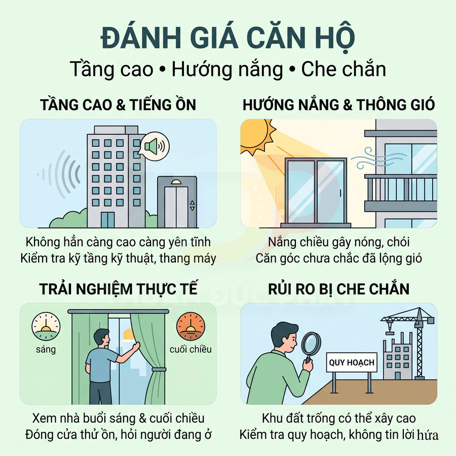 Infographic đánh giá căn hộ về tầng cao, hướng nắng, thông gió, trải nghiệm thực tế và nguy cơ bị che chắn