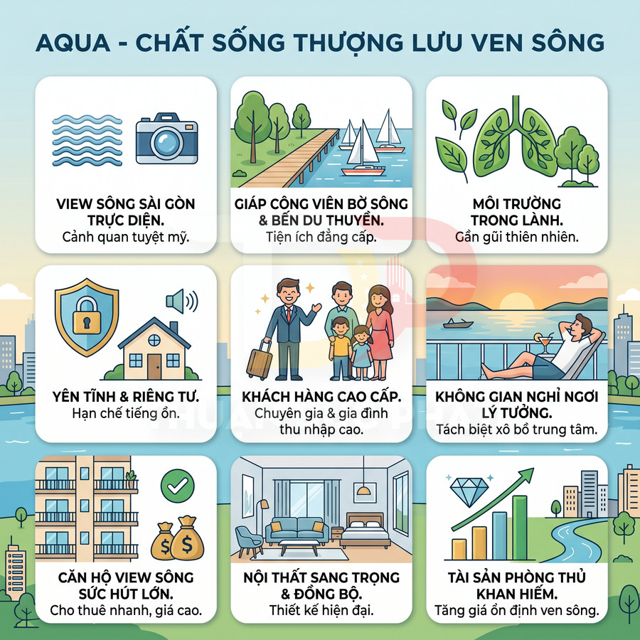 Thiết kế quảng cáo dự án căn hộ Aqua ven sông với tiện ích cao cấp, view sông Sài Gòn và môi trường trong lành