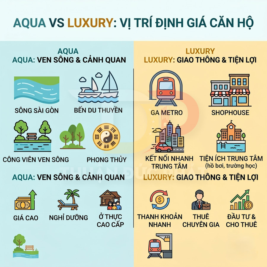 So sánh căn hộ Aqua ven sông cảnh quan và căn hộ Luxury giao thông tiện ích, ưu điểm đầu tư và an cư