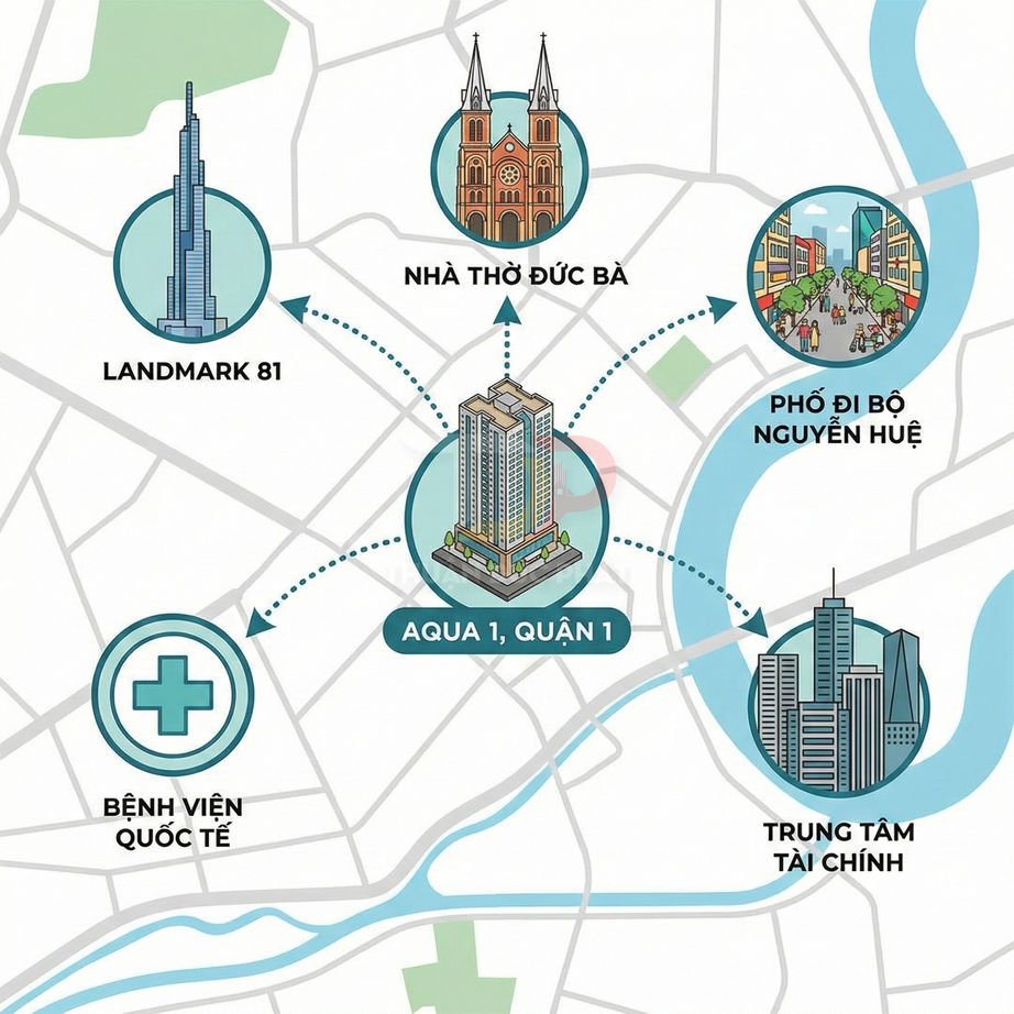 Vị trí dự án căn hộ Aqua 1 quận 1 gần Landmark 81, phố đi bộ Nguyễn Huệ, nhà thờ Đức Bà, trung tâm tài chính