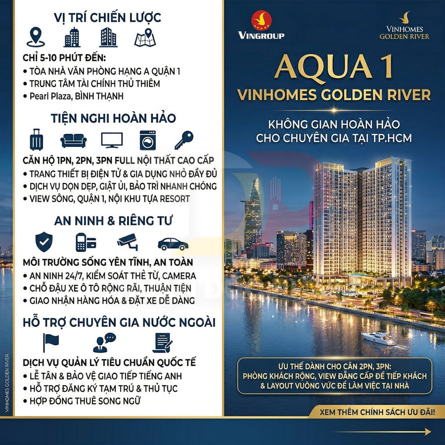Tổng quan dự án căn hộ cao cấp Aqua 1 Vinhomes Golden River bên sông Sài Gòn ban đêm