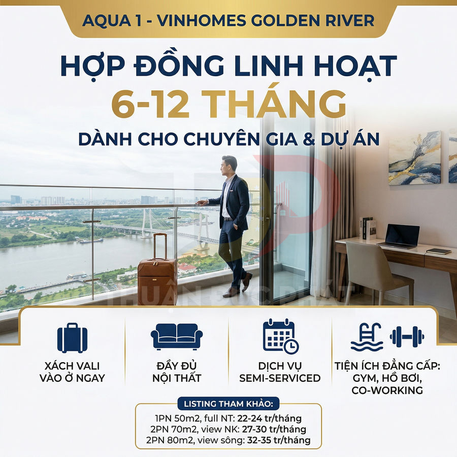 Căn hộ Aqua 1 Vinhomes Golden River cho thuê linh hoạt 6-12 tháng, đầy đủ nội thất, view sông dành cho chuyên gia
