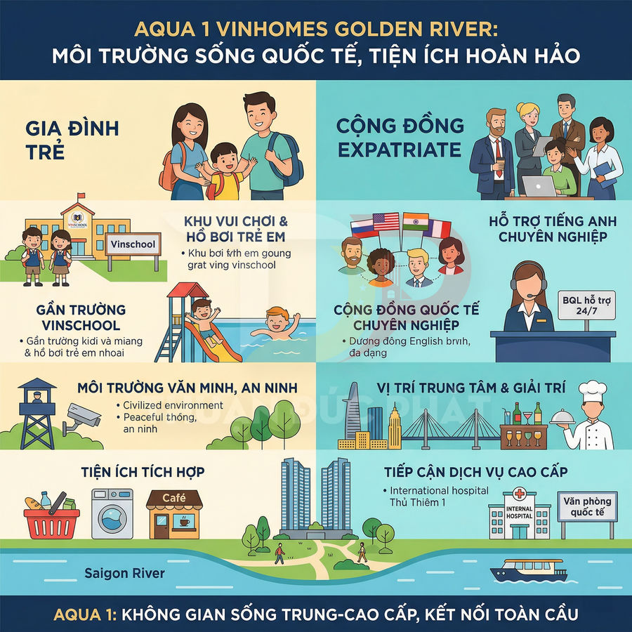 Infographic giới thiệu tiện ích quốc tế, môi trường sống cao cấp tại Aqua 1 Vinhomes Golden River