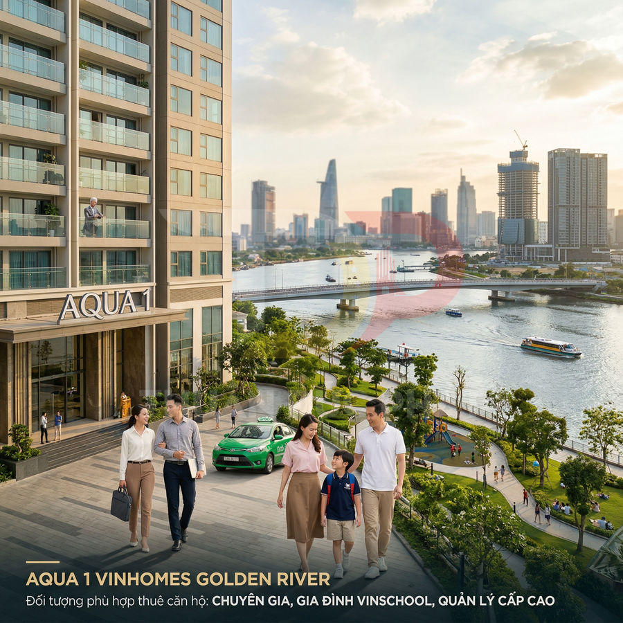 Căn hộ Aqua 1 Vinhomes Golden River ven sông, gia đình dạo bộ trong khuôn viên xanh nhìn ra trung tâm thành phố