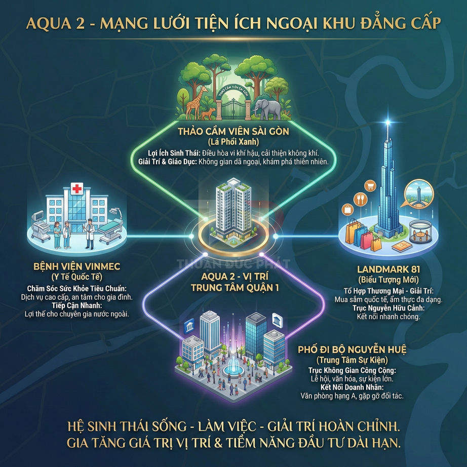 Infographic tiện ích ngoại khu dự án Aqua 2 gần Thảo Cầm Viên Sài Gòn, Landmark 81, Vinmec và phố đi bộ Nguyễn Huệ