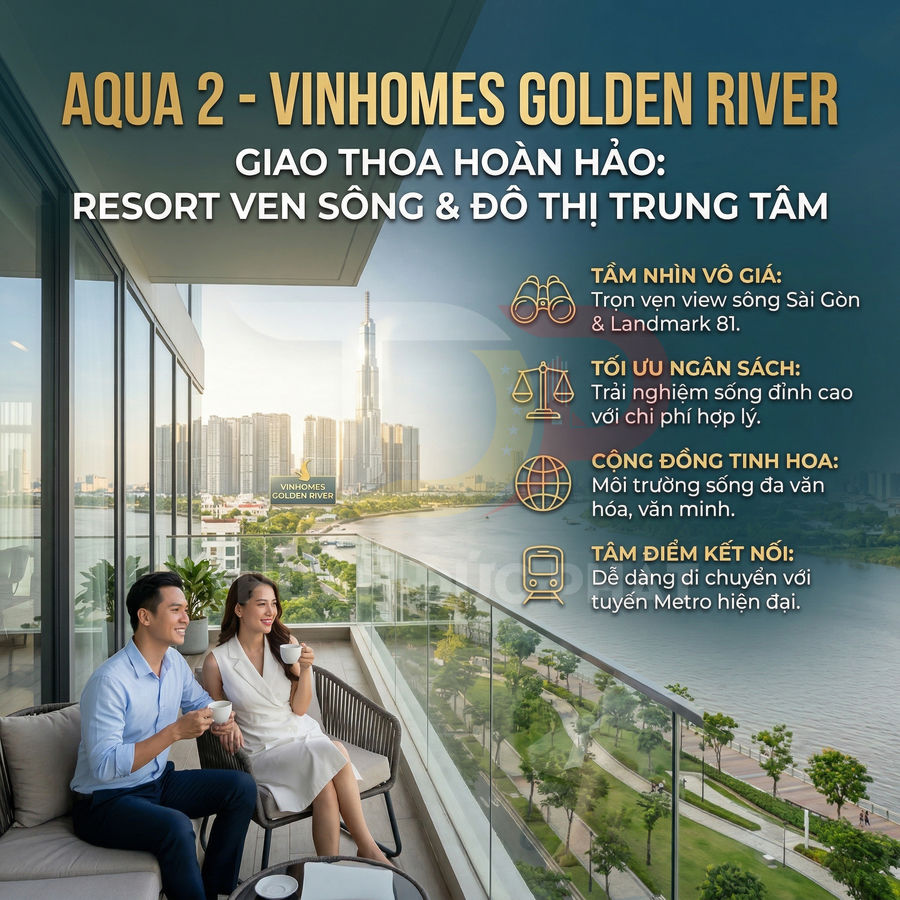 Cặp đôi thư giãn uống cà phê trên ban công căn hộ cao cấp Aqua 2 Vinhomes Golden River view sông Sài Gòn và Landmark 81