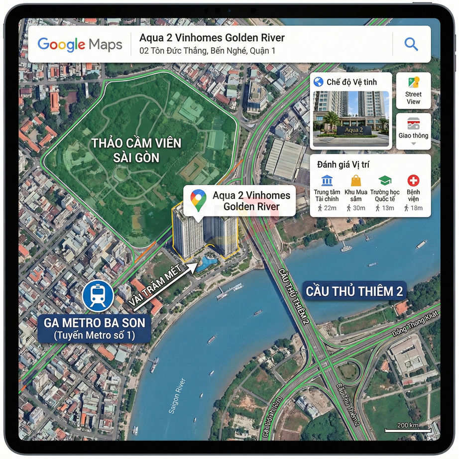 Vị trí căn hộ Aqua 2 Vinhomes Golden River trên bản đồ Google Maps gần Thảo Cầm Viên và ga metro Ba Son