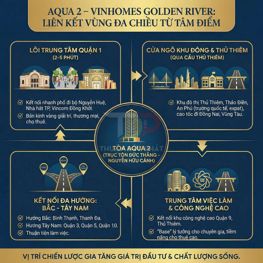 Infographic vị trí kết nối giao thông và tiện ích xung quanh tòa Aqua 2 Vinhomes Golden River
