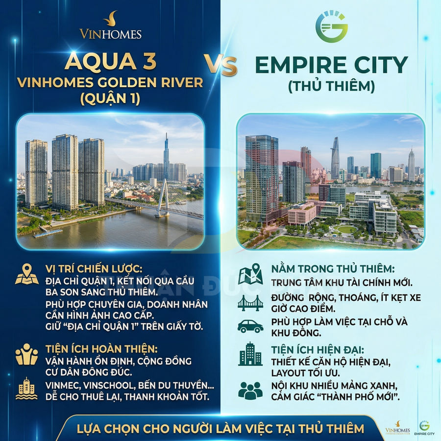 So sánh dự án căn hộ Aqua 3 Vinhomes Golden River quận 1 và Empire City Thủ Thiêm