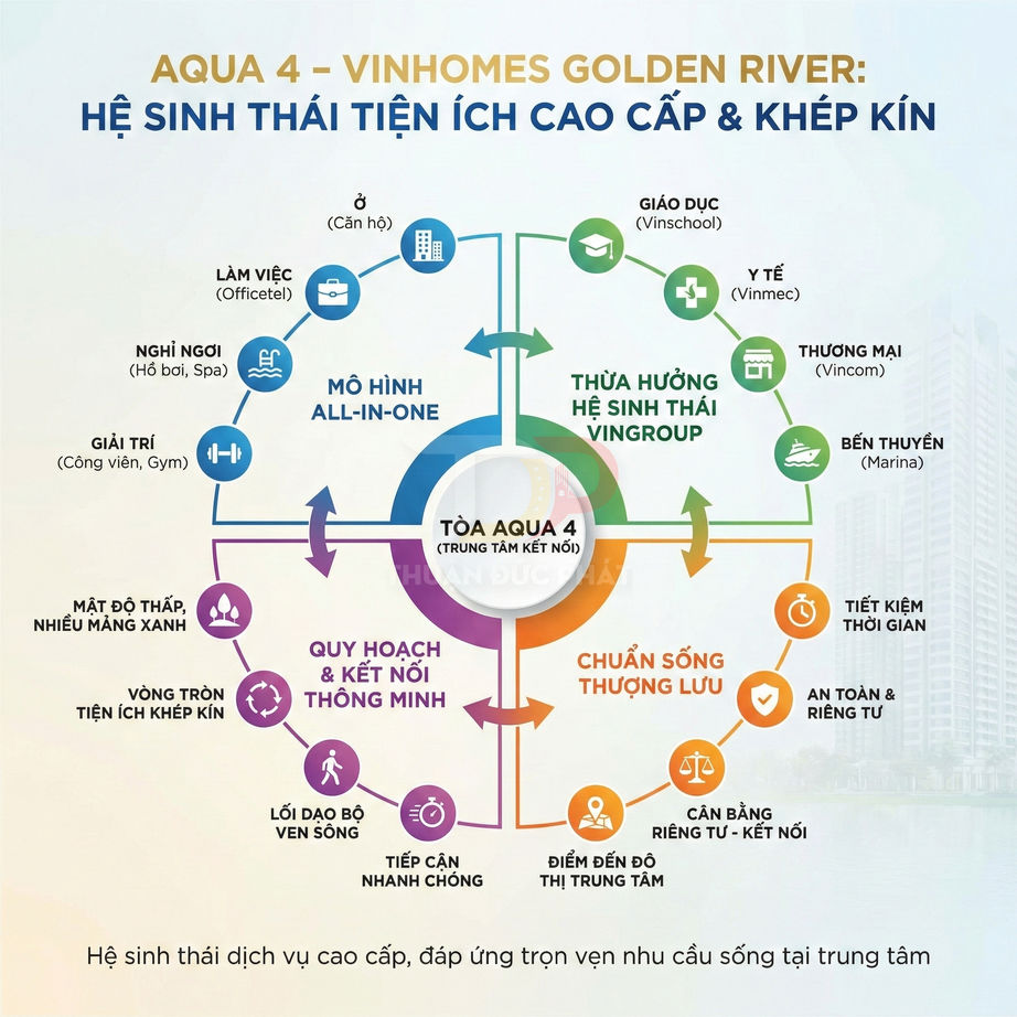 Sơ đồ hệ sinh thái tiện ích cao cấp khép kín của tòa Aqua 4 Vinhomes Golden River