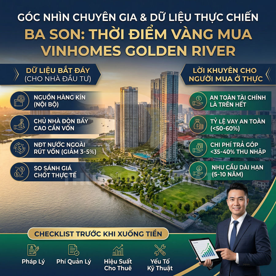 Chuyên gia tư vấn đầu tư cầm tablet trước dự án căn hộ cao cấp Vinhomes Golden River bên sông Sài Gòn