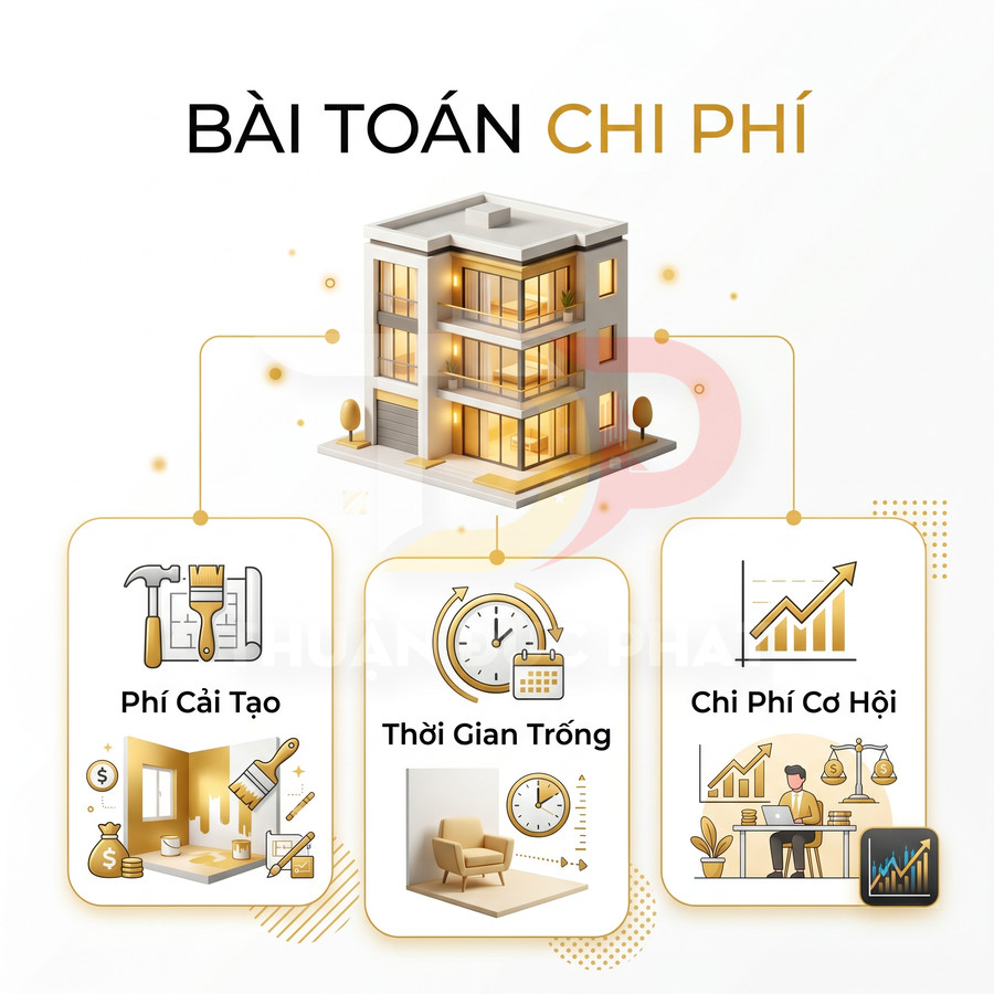 Minh họa bài toán chi phí bất động sản với phí cải tạo, thời gian trống và chi phí cơ hội