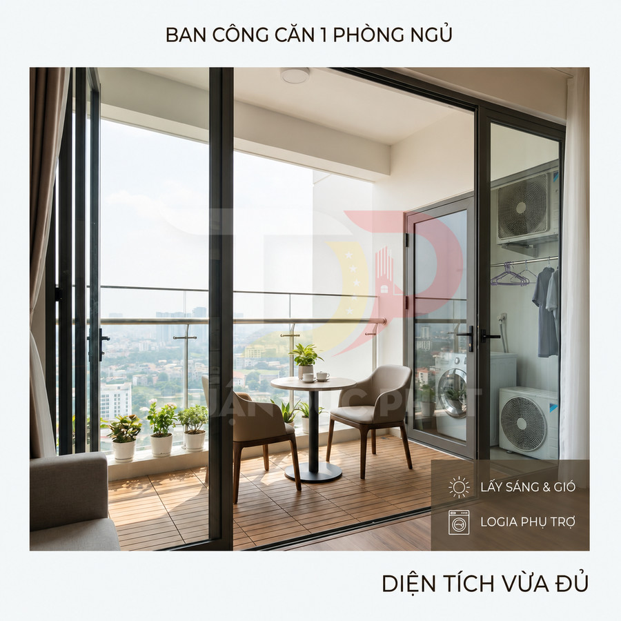 Ban công căn hộ 1 phòng ngủ với bàn ghế nhỏ, cây xanh và khu logia phơi đồ, máy giặt