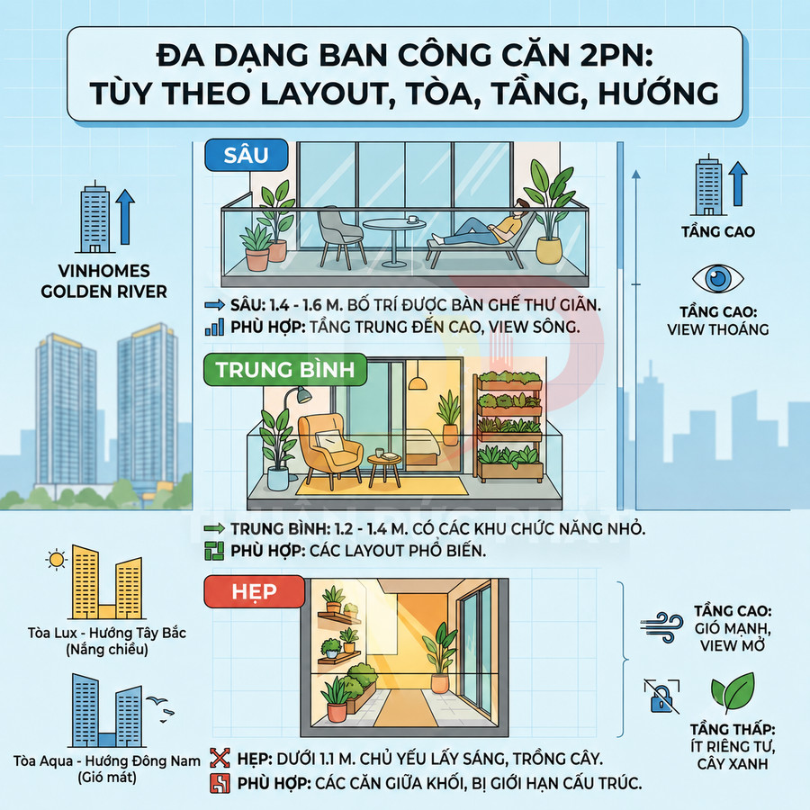 Minh họa các kiểu ban công căn hộ 2 phòng ngủ Vinhomes Golden River với độ sâu sâu, trung bình và hẹp