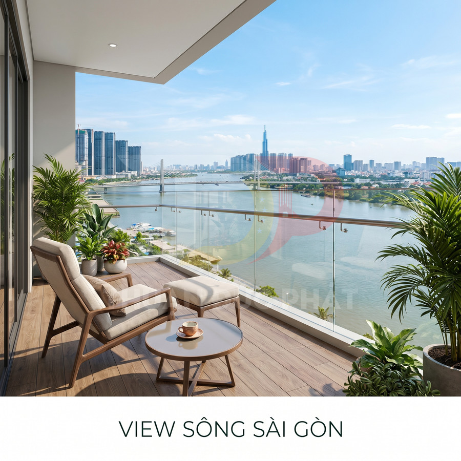 Ban công căn hộ cao cấp với bàn ghế thư giãn, cây xanh và tầm nhìn sông Sài Gòn, Landmark 81