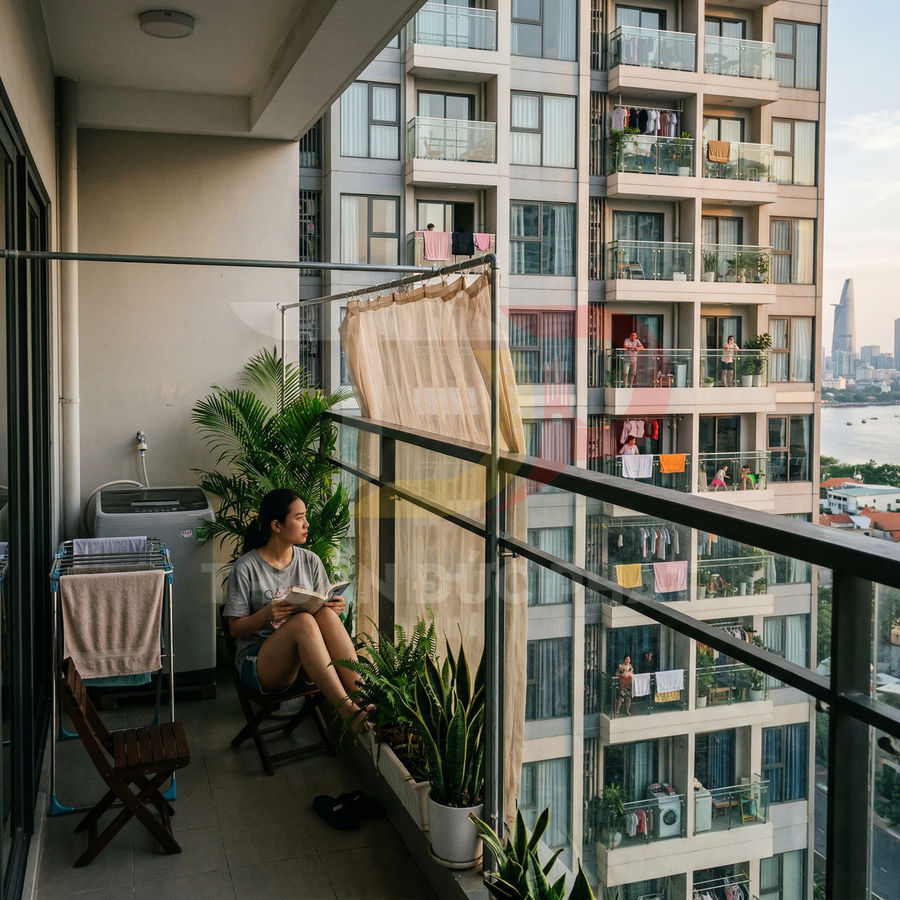 Cô gái ngồi đọc sách trên ban công chung cư nhỏ với nhiều chậu cây xanh và máy giặt bên cạnh