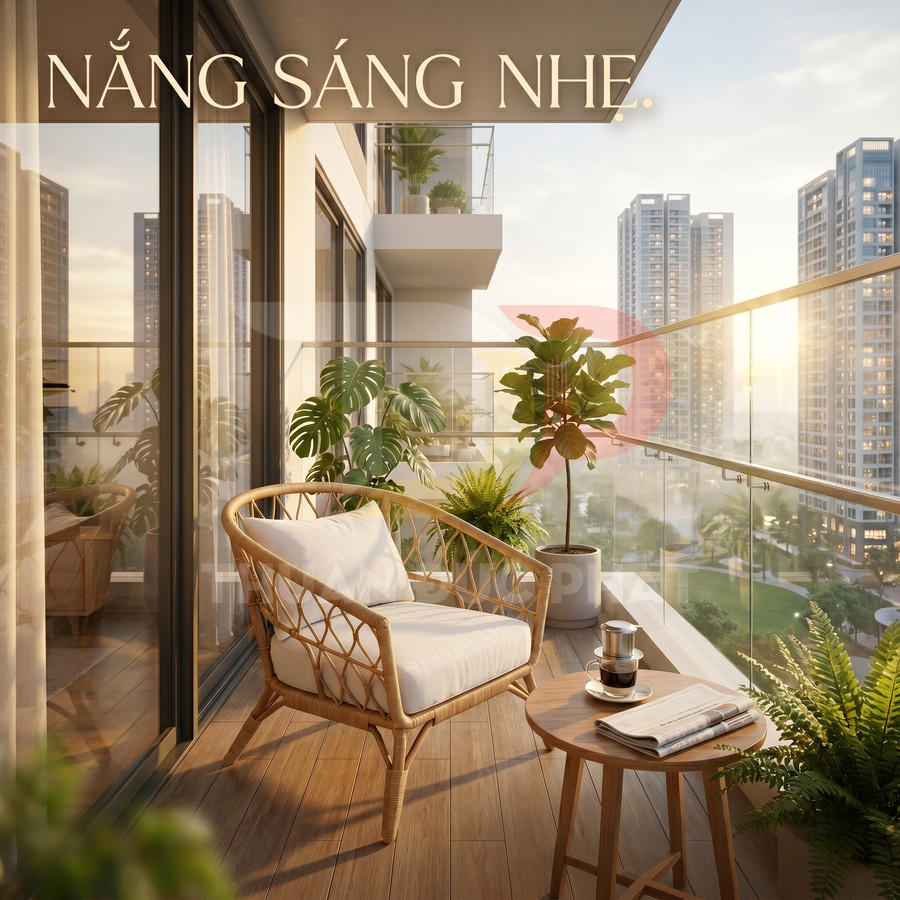 Ghế mây có đệm trắng và bàn gỗ nhỏ đặt trên ban công chung cư nhiều cây xanh lúc hoàng hôn