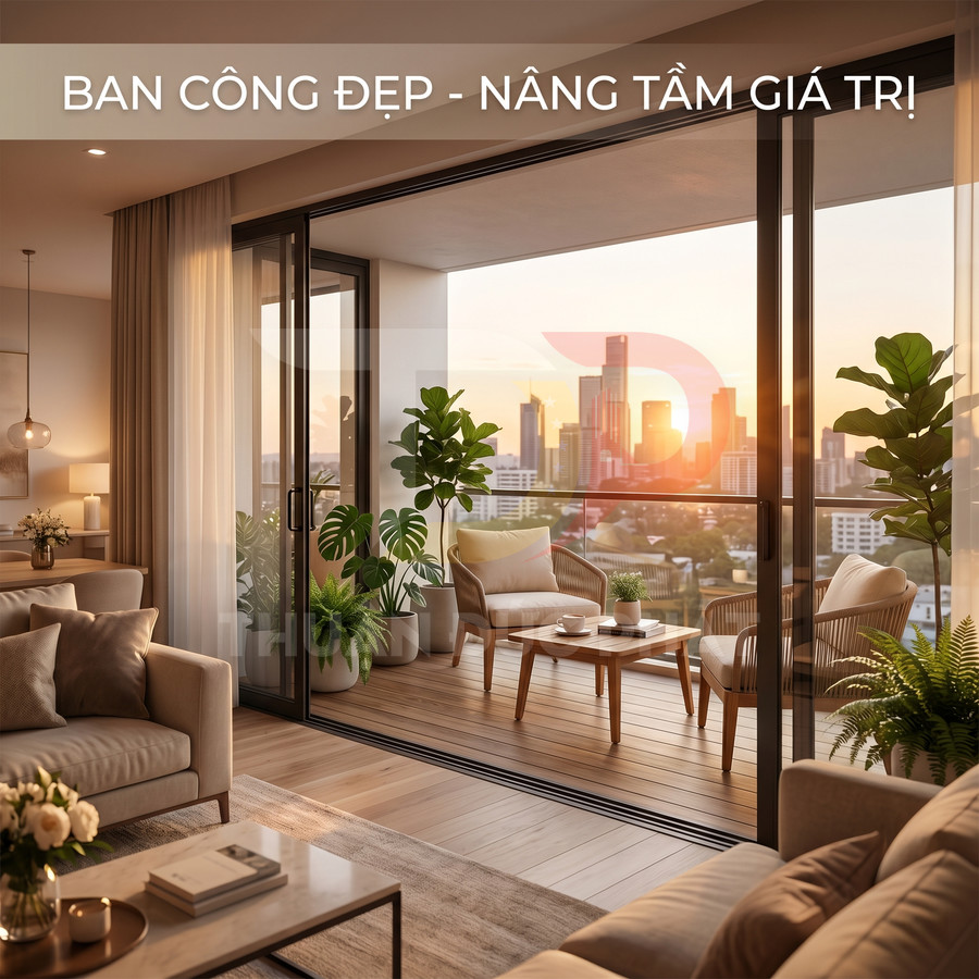 Ban công chung cư hiện đại lát gỗ, bàn ghế ngoài trời và nhiều cây xanh nhìn ra thành phố lúc hoàng hôn