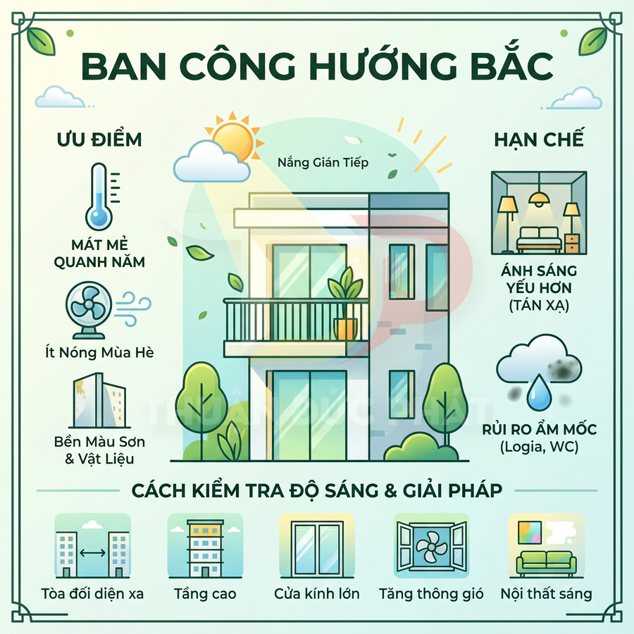 Infographic ban công hướng Bắc với ưu điểm mát mẻ, ít nắng gắt và nhược điểm ánh sáng yếu, dễ ẩm mốc