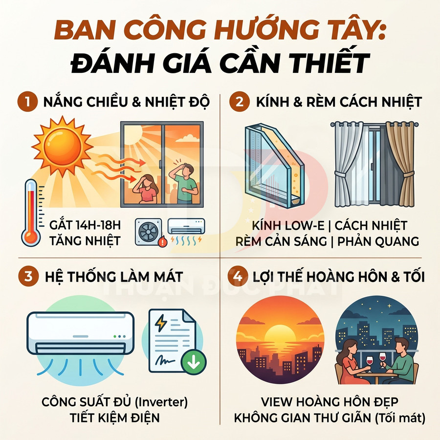 Infographic đánh giá ban công hướng tây với nắng chiều, kính rèm cách nhiệt, hệ thống làm mát và lợi thế ngắm hoàng hôn