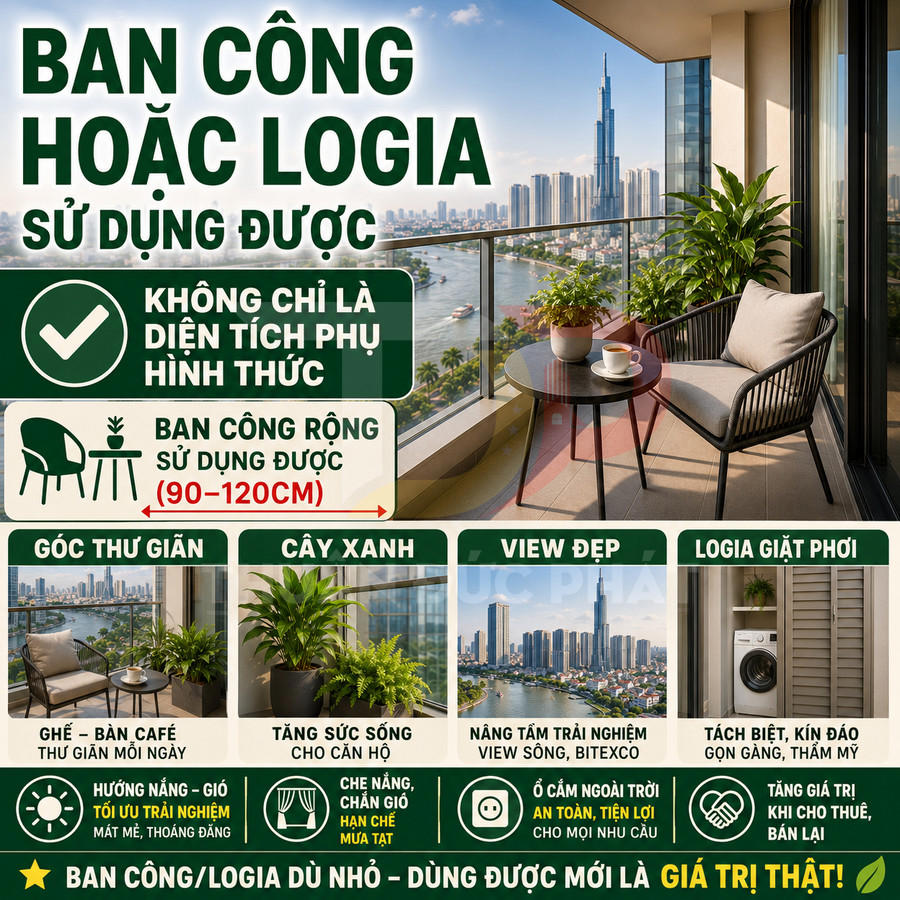 Ban công căn hộ rộng thoáng với bàn ghế thư giãn, cây xanh, view sông và thành phố hiện đại
